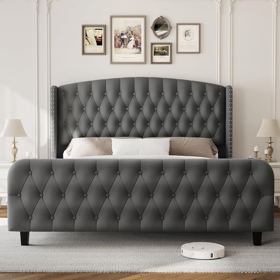 Huisuilinss Queen Bed Frame,King Size Bed Frame,Velvet Upholstered Platform Bed Frame With Deep Button Tufted Wingback Headboard And Footboard,No Box Spring Needed,Easy Assemble