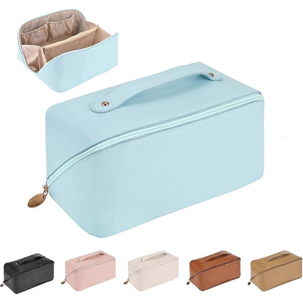 Travel (Blue)Makeup Bag, Travel Large Capacity Makeup Bag, with Handle and Divider, Waterproof PU for Women Toiletry Storage Bag Multifunction Organi