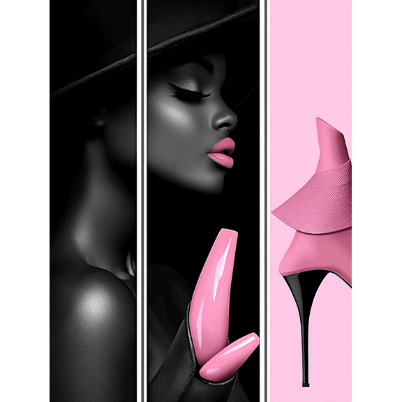 Black and Pink Fashion Portrait Decorative Painting/Canvas Art, Ideal for Living Room, Bedroom, Office, Salon, Boutique, Dressing Room and Hallway Decor, Glamour Beauty Canvas Wall Art.