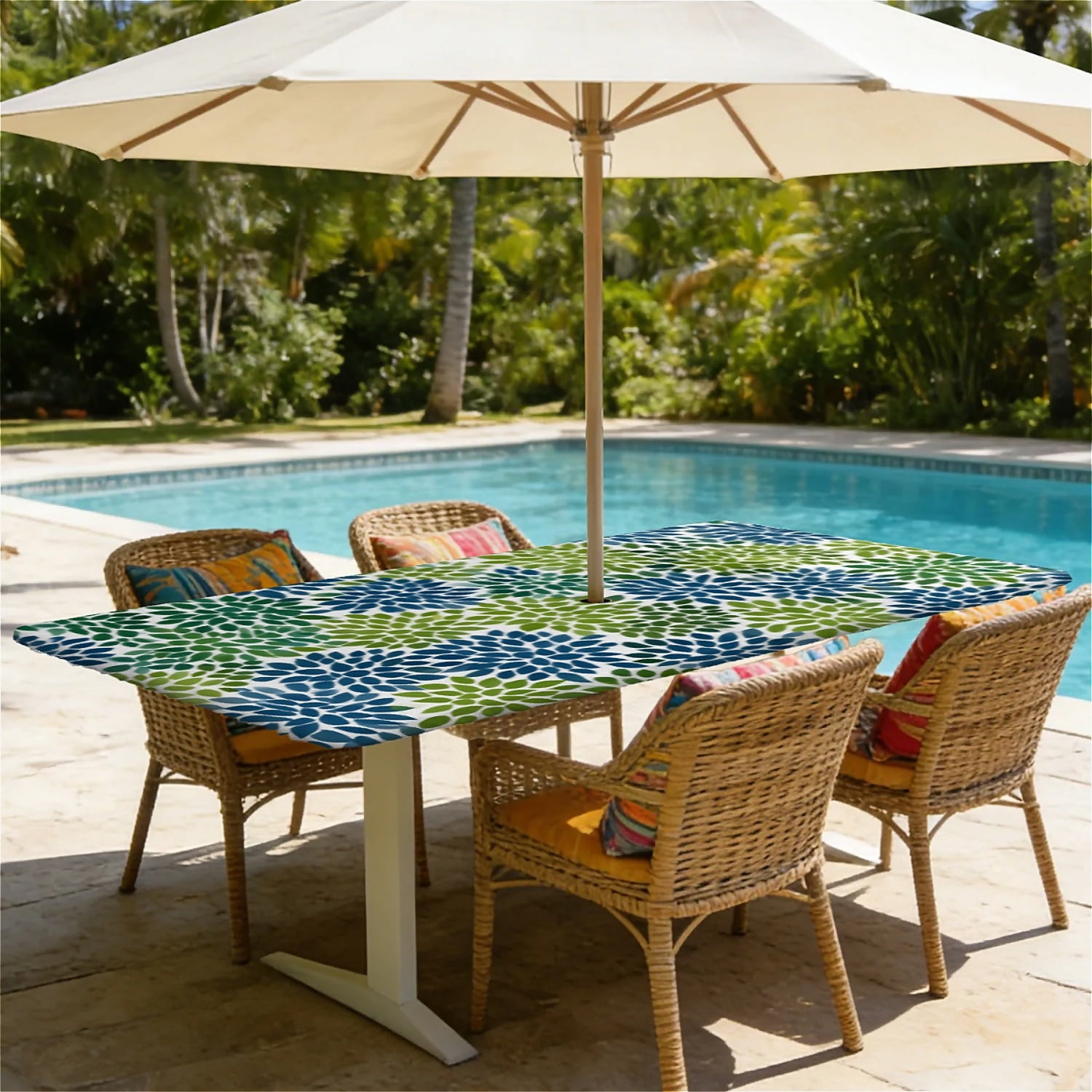 Rectangle Outdoor Tablecloth with Umbrella Hole and Zipper Waterproof Rectangle Fitted Tablecloth with Elastic Edge, Wipeable Outdoor Table Cover for Patio, Garden, Picnic