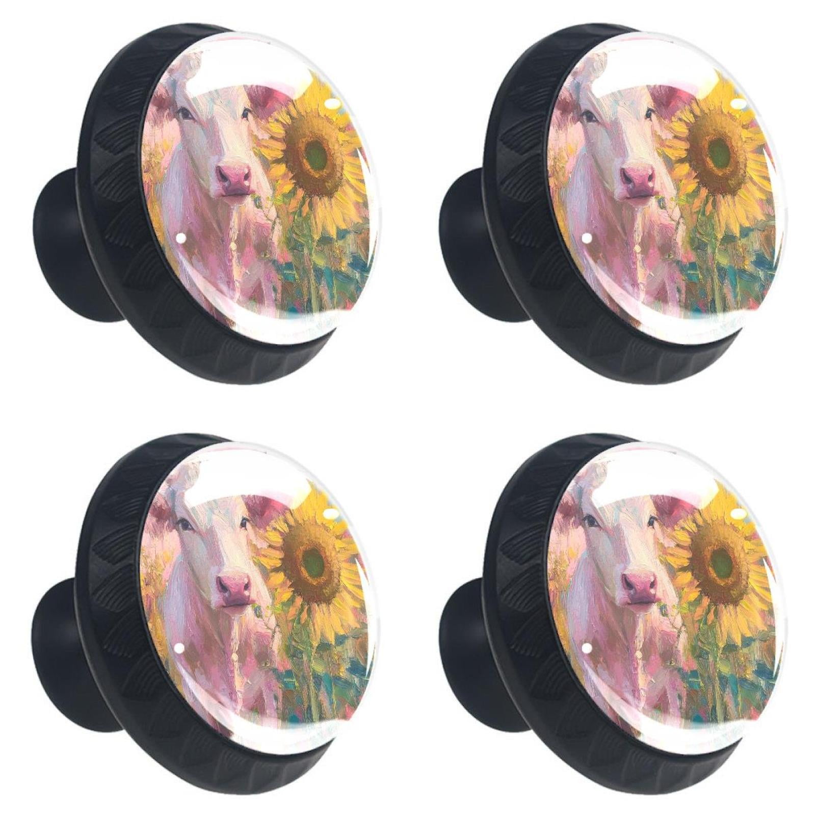4 Pcs Cow and Sunflower Knobs for Kitchen Cabinet Cupboard Dresser Bookcase Drawer Pulls Handles Round Home Decor