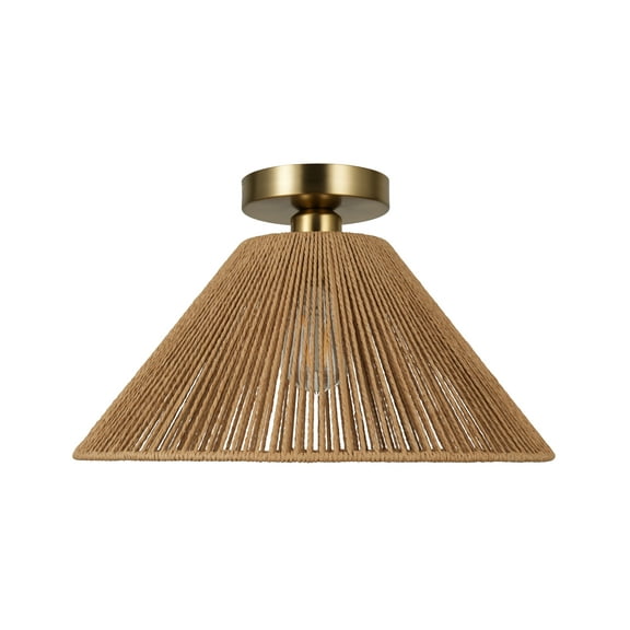 Kenroy Home Twine 16'' 1-Light Semi-Flush Mount with Tan Rattan  Cone Shade for Living Room, Bedroom, Entryway, Hallway, or Closet, Brushed Gold