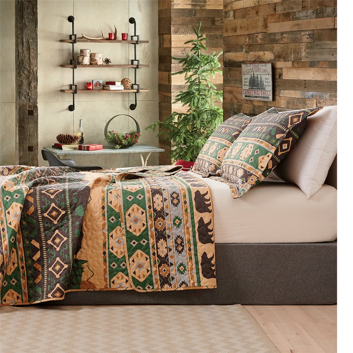 Beartech Quilt Set Queen Size Rustic Forest Bear Pattern Quilt Lightweight Reversible Microfiber Bedspread Coverlet Bedding Set