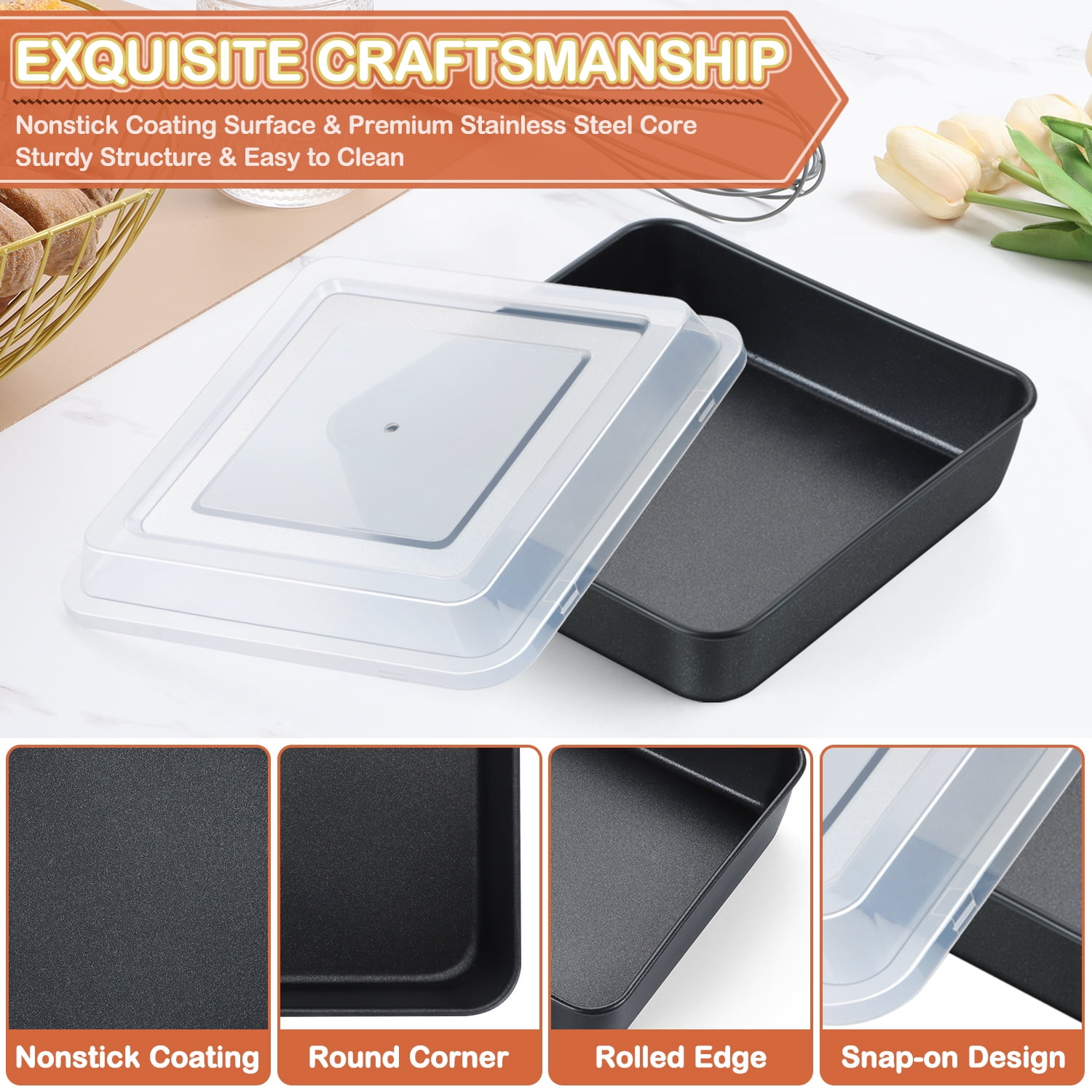 E-far 8x8 Inch Square Baking Pan with Lid Set, Nonstick Square Cake Pans  Metal Bakeware for Oven Cooking Lasagna Brownies, Stainless Steel Core &  Easy