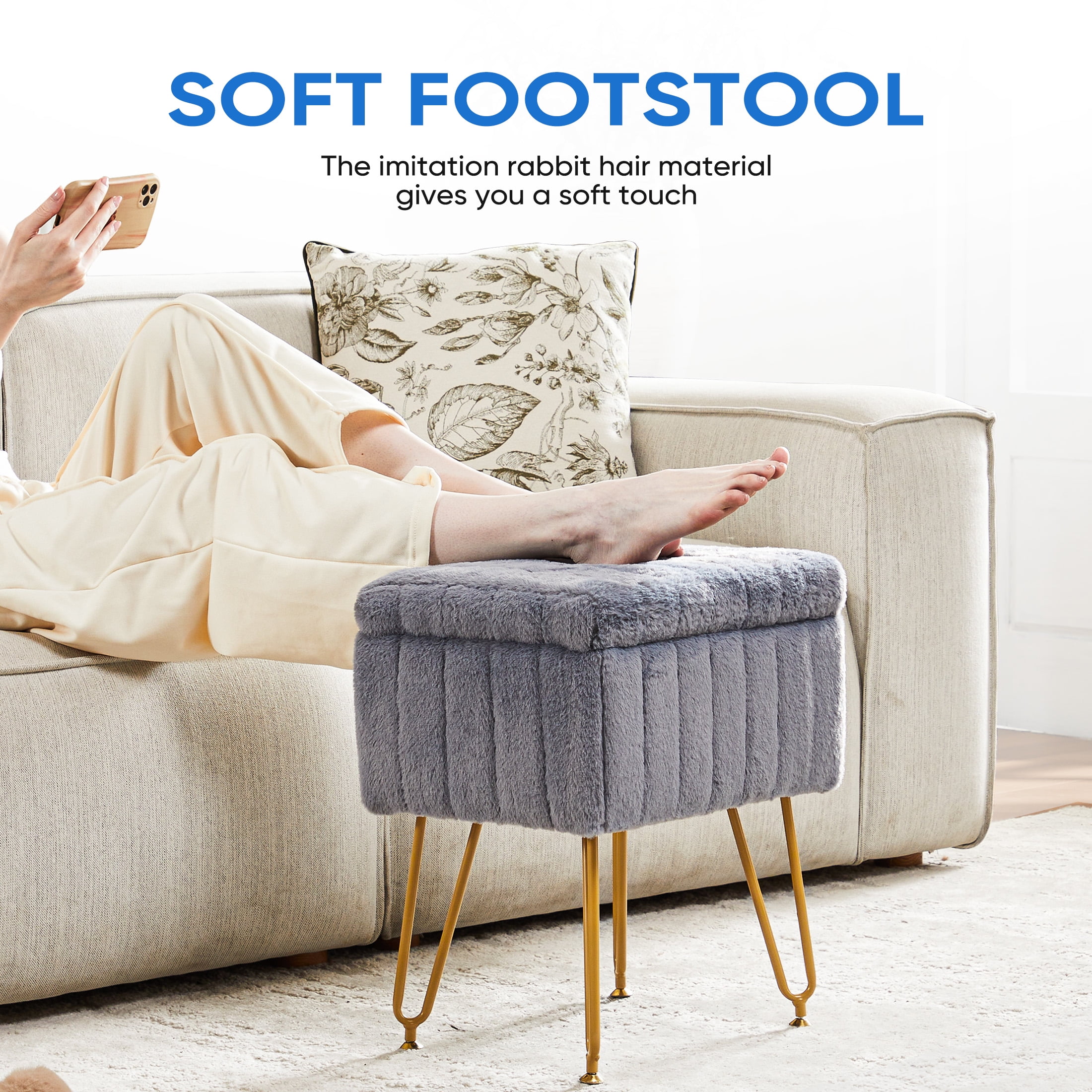CONCETTA Vanity Stool Chair Faux Fur with Storage, Ottoman 4 Metal Legs with Anti-Slip Feet and Furry Padded Seat for Makeup, Bedroom, Entryway, Grey