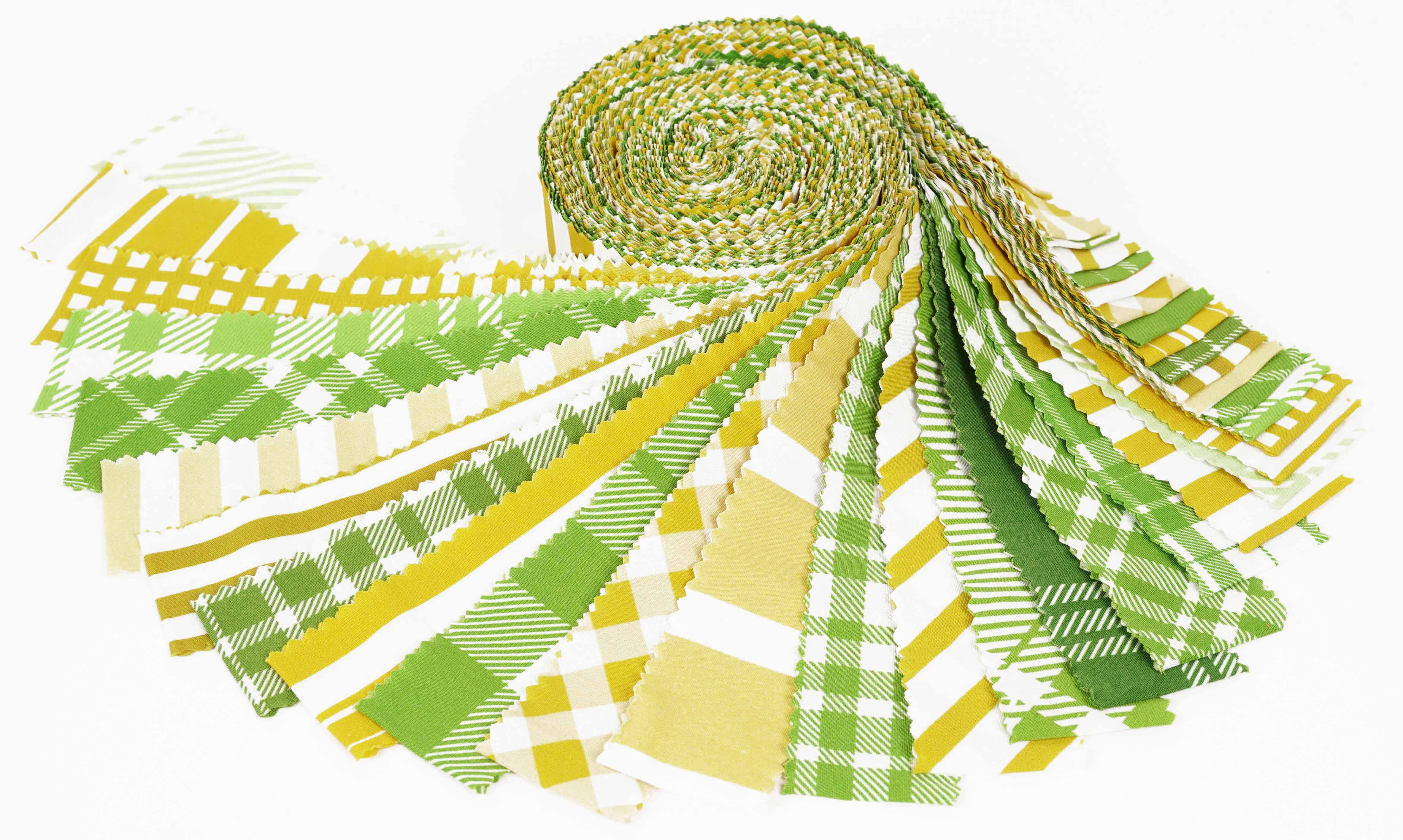 Soimoi 40Pcs Check Print Precut Fabrics Strips Roll Up 1.5x42inches Cotton Jelly Rolls For Quilting - Light Green & Mustard Yellow