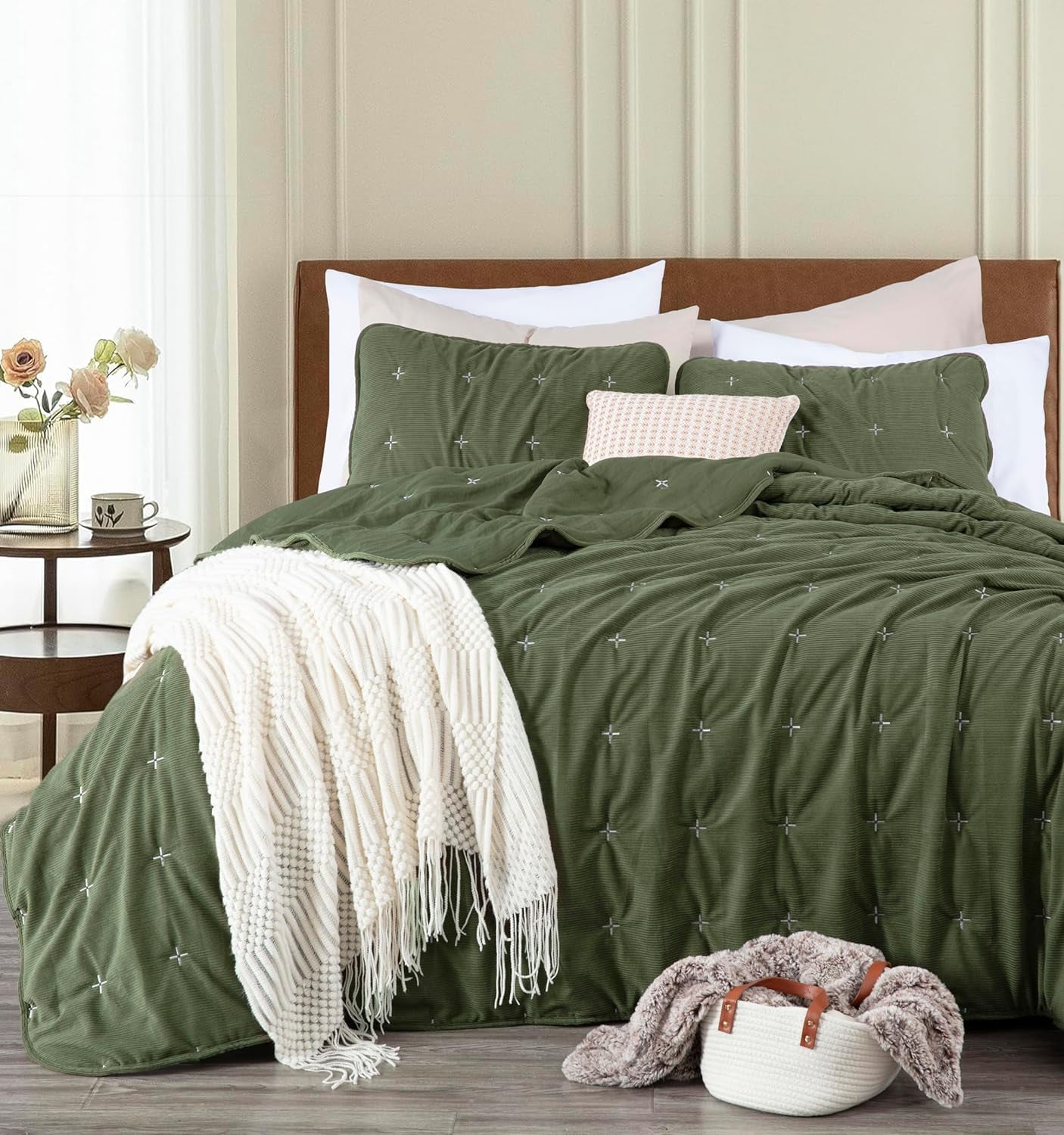 Chezmoi Collection Corduroy King Quilt Set Olive Green, 3-Piece Luxury Soft Cross Stitch Polyester Corduory Lightweight Bedspread, 1 Quilt 106 in x 94 in and 2 Pillow Shams 20 in x 36 in