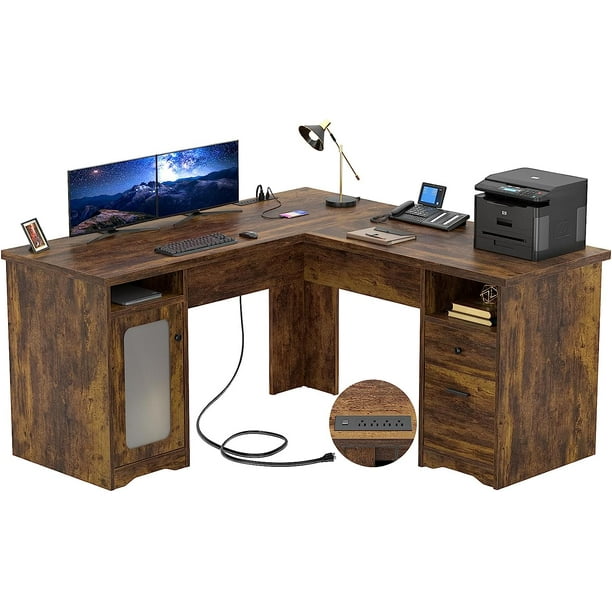 Homieasy L Shaped Desk with Drawers, Corner Office Desk with Power Outlets and USB Charging