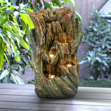 Naturefalls Resin Tree Trunk Water Fountain with LED Lights, Modern Waterfall for Indoor Outdoor, Electric