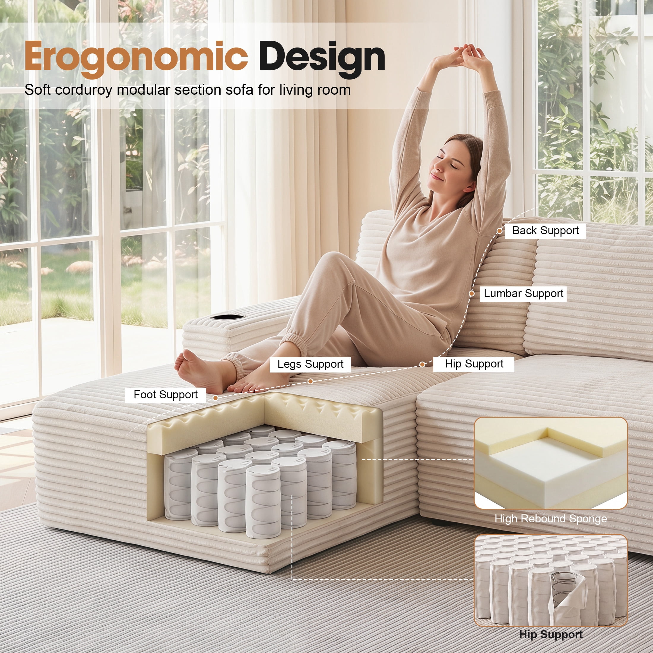 Aenkyo 104 Inch Corduroy L-Shaped Cloud Sectional Sofa with Left Facing Chaise and Cup Holders, Gream