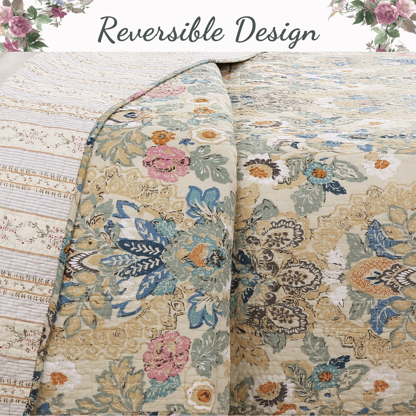 Cozy Line Home Fashions Luxury Classic Floral Bohemian Style 3-Piece 100% Cotton Reversible Quilt Set, King Set