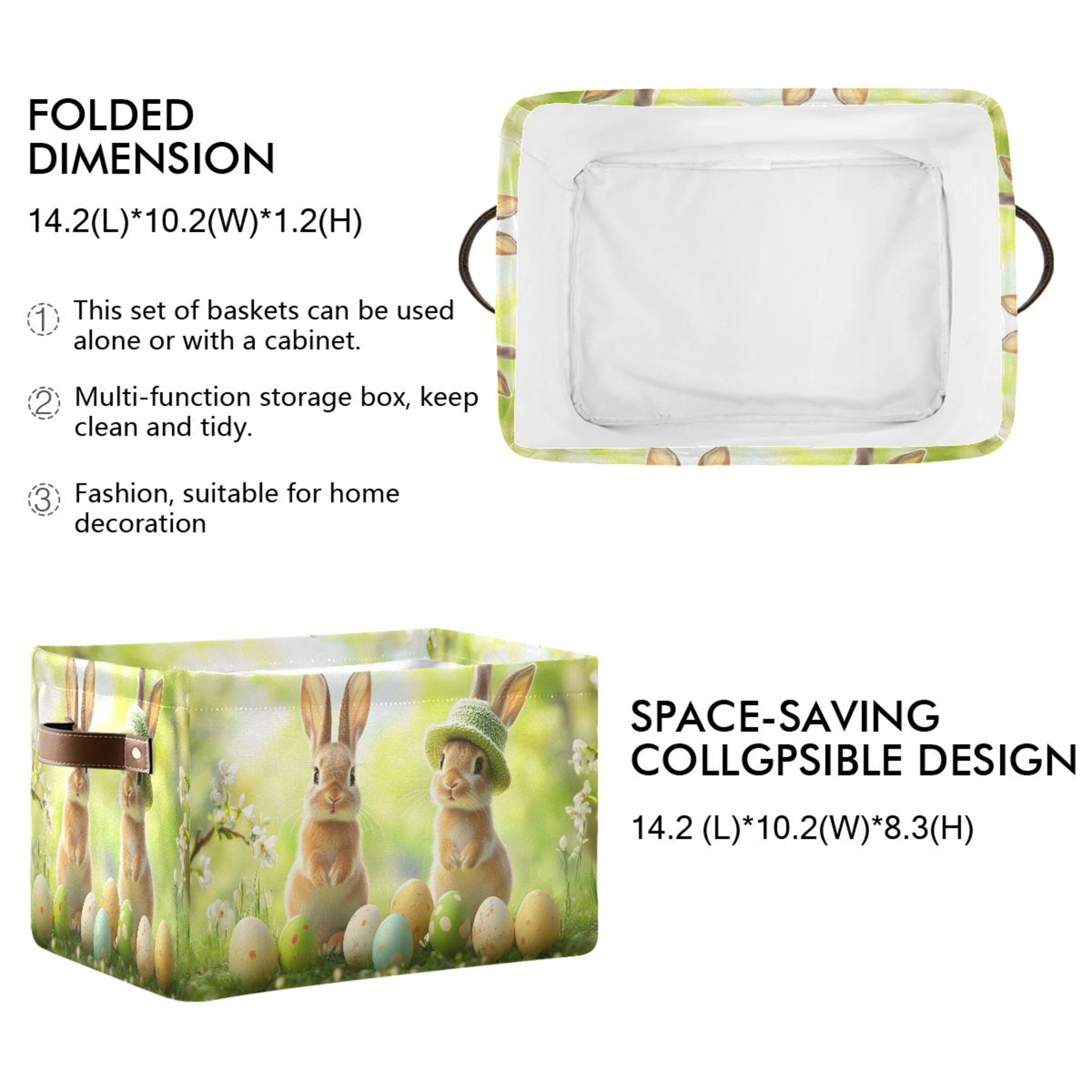 Ryvnso Happy Easter Bunny Storage Basket Large Bin Foldable Boxes Toys Organizer 14.2x10.2x8.3in 2 PCs