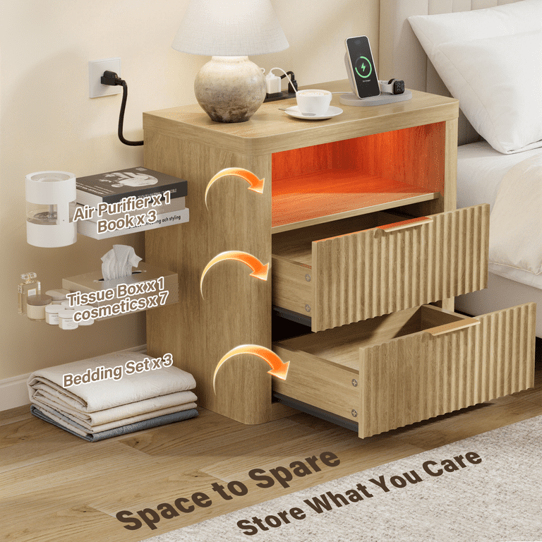 Homall Nightstand with Charging Station & LED Lights, Heavy-Duty Modern End Table with 2 Drawers, Bedside Table for Bedroom, Living Room, Natural
