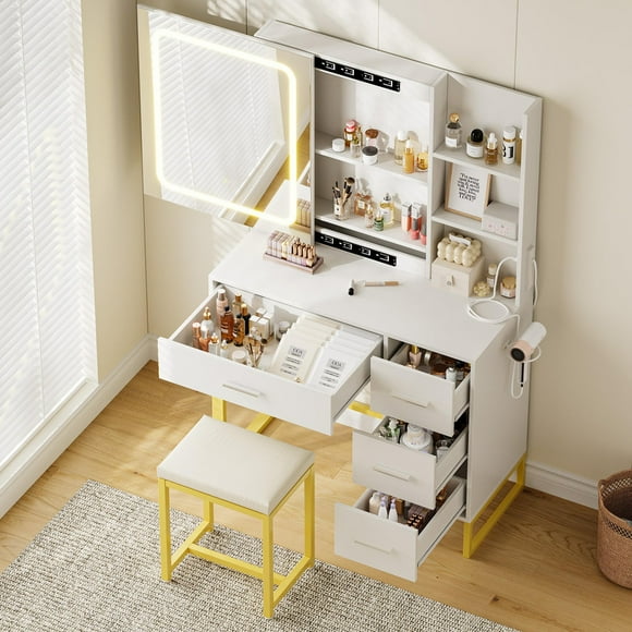 Vanity Desk with Lighted Mirror – Makeup Table with Charging Station, 4 Drawers & Shelves, Compact Dressing Table for Bedroom with Stool and Hair Dryer Holder