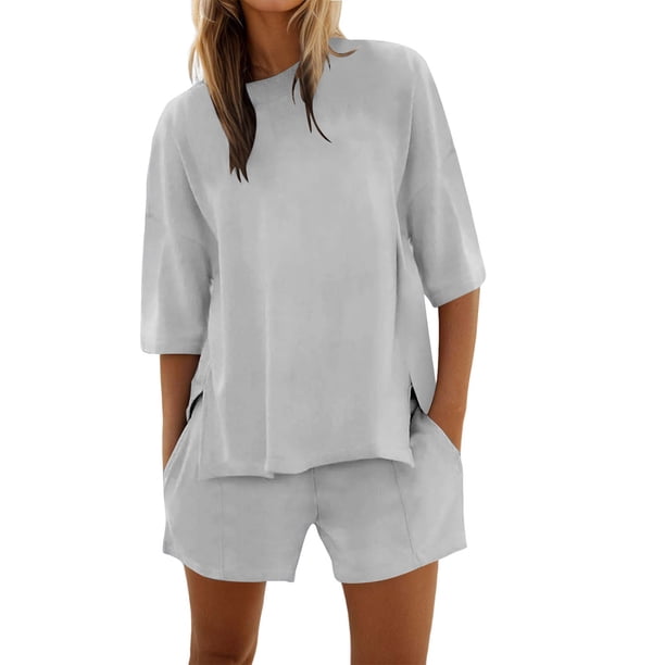 Conjunto de pantalones cortos y camiseta de manga media para mujer: conjunto de dos piezas oversize con cuello redondo para entrenar en verano