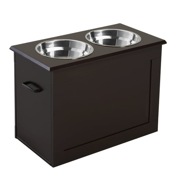 Dog Feeder Elevated Station with Storage - 2 Stainless Steel Bowls - Large Dog Bowls for Fast Eating - Dark Brown Wood Pet Feeder Brown Steel