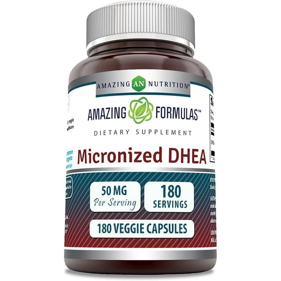 Amazing Formulas Micronized DHEA 50mg Per Serving 180 Veggie Capsules Supplement | Non-GMO | Gluten Free | Made in USA | Suitable for Vegetarians