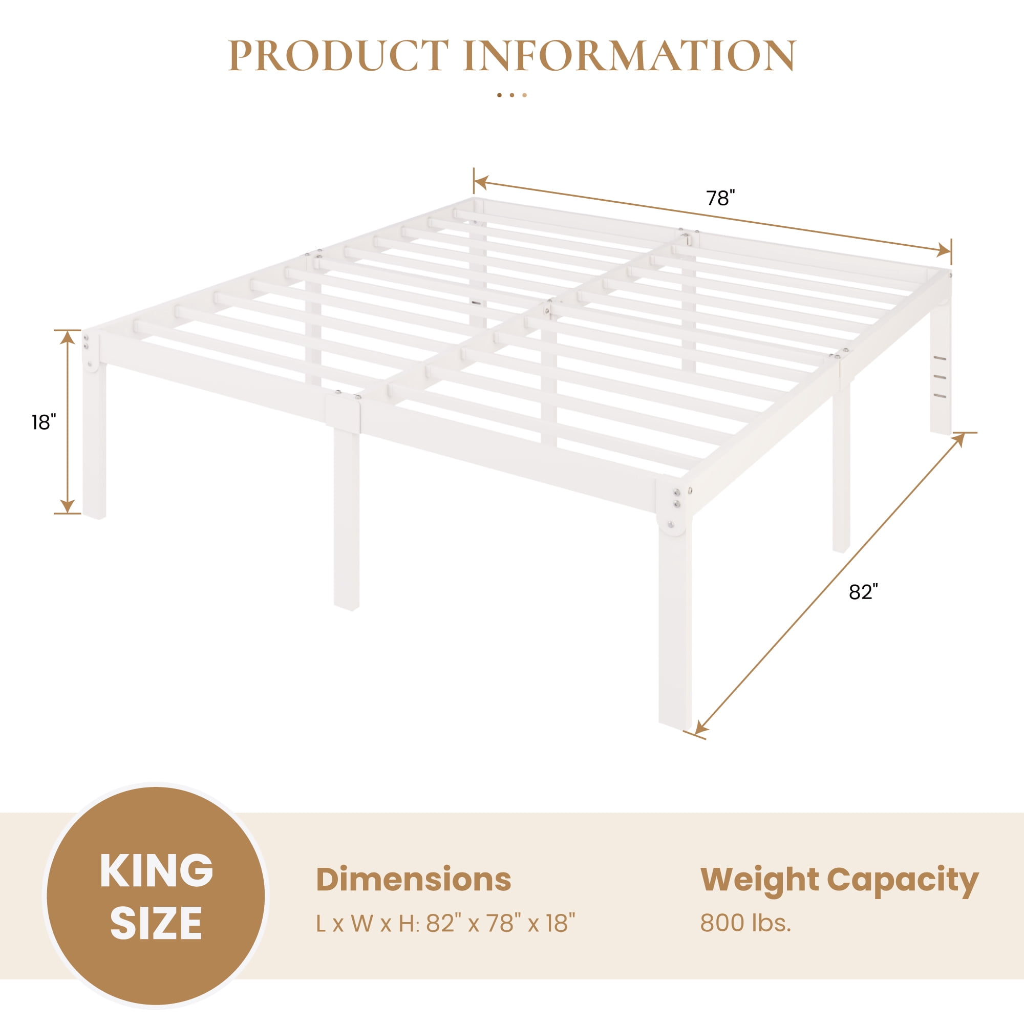 Merrland King Size Metal Bed Frame, 18" Platform Bed with Large Under-Bed Storage Space, Noise-Free, Easy Assembly, White