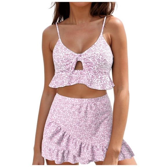 BOBOGOJP 2 Piece Swimsuits for Women Halter Tankini Top with Skirt Bottom Tummy Control Bathing Suit Pink for Size S