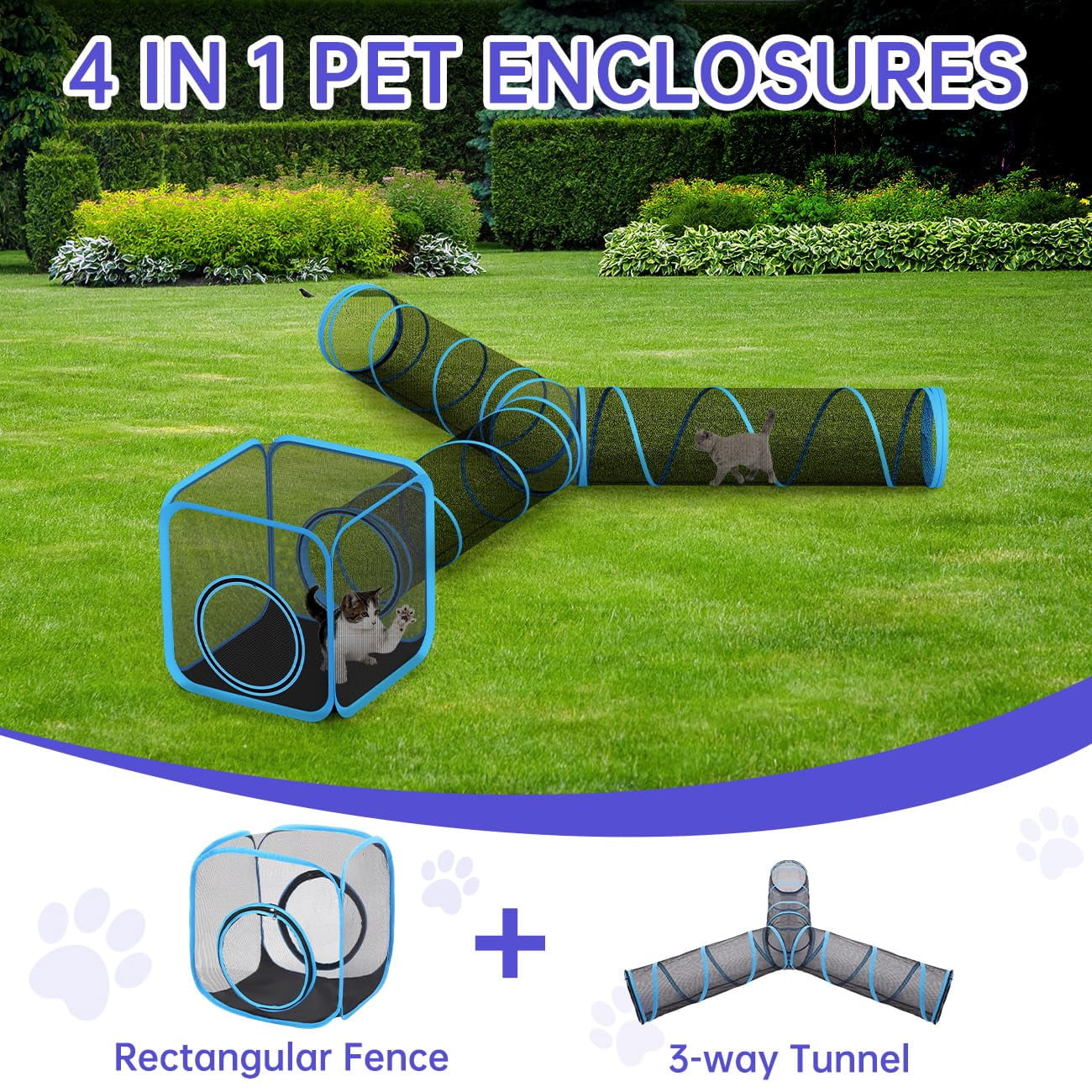 Outdoor Cat Enclosures For Cats Indoor  Patio Portable Mesh Tunnel Playhouse With Free Carry Bag Multiple And Small Animals Blue + Black