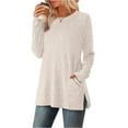 thumbnail image 5 of Fshiont Womens Sweaters Crewneck Long Sleeve Shirts with Pockets Fall 2025 Fashion Winter Clothing Side Slit Beige L, 5 of 6