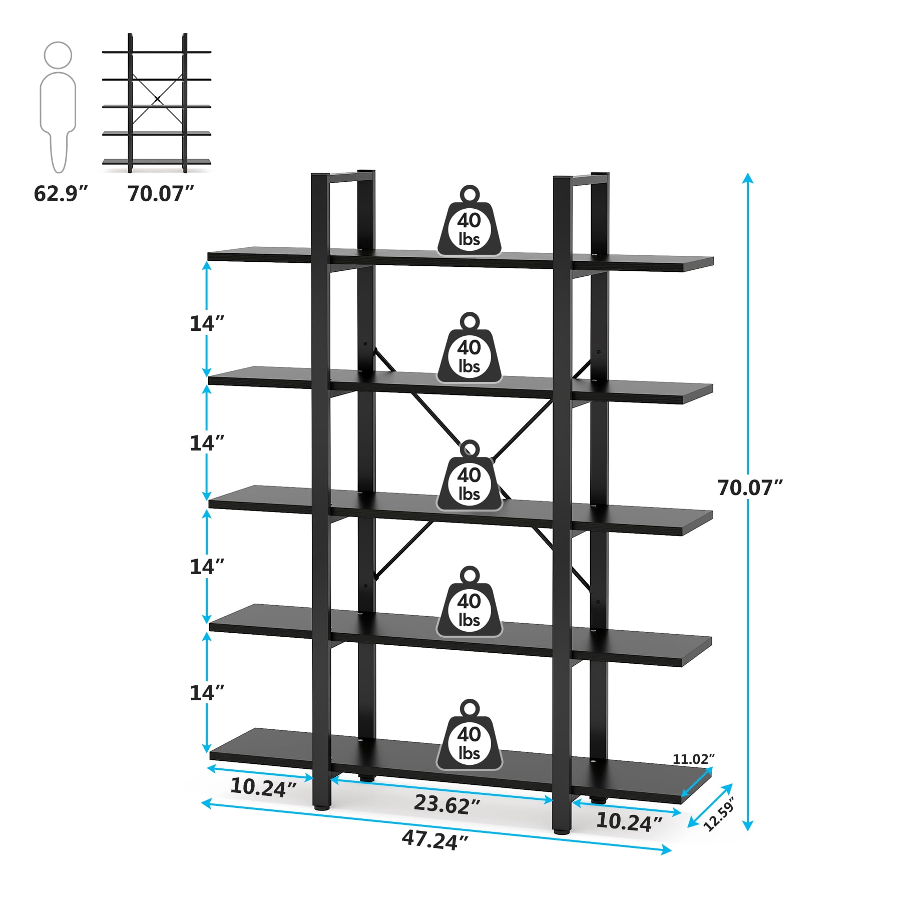 Tribesigns 5-Tier Bookshelf, Industrial 72 inch Bookcase, Black