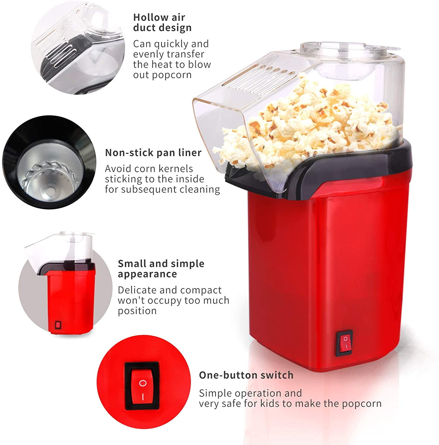 Hot Air Popcorn Maker Machine 1200W, GUANGYOU Home Popcorn Maker with  Removable Top Cover and Measuring Spoon, Healthy Oil-Free&Low-Fat for  Parties 