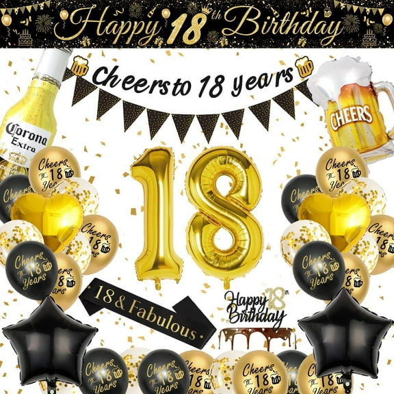 18th Birthday Decorations for Boys, 18th Black and Gold Balloons with Cheers to 18 Years Banner, Beer & Beer Mug Foil Balloons, Number 18 Foil Balloons for Birthday Party Decorations