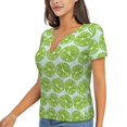 thumbnail image 2 of Zufioo Green Lemon Slices for Women's Deep V-neck Short-sleeved T-shirt, Top with Short Sleeves - with Stainless Steel Buckle, Moisture Wicking, Ideal Home Wear-Medium, 2 of 9