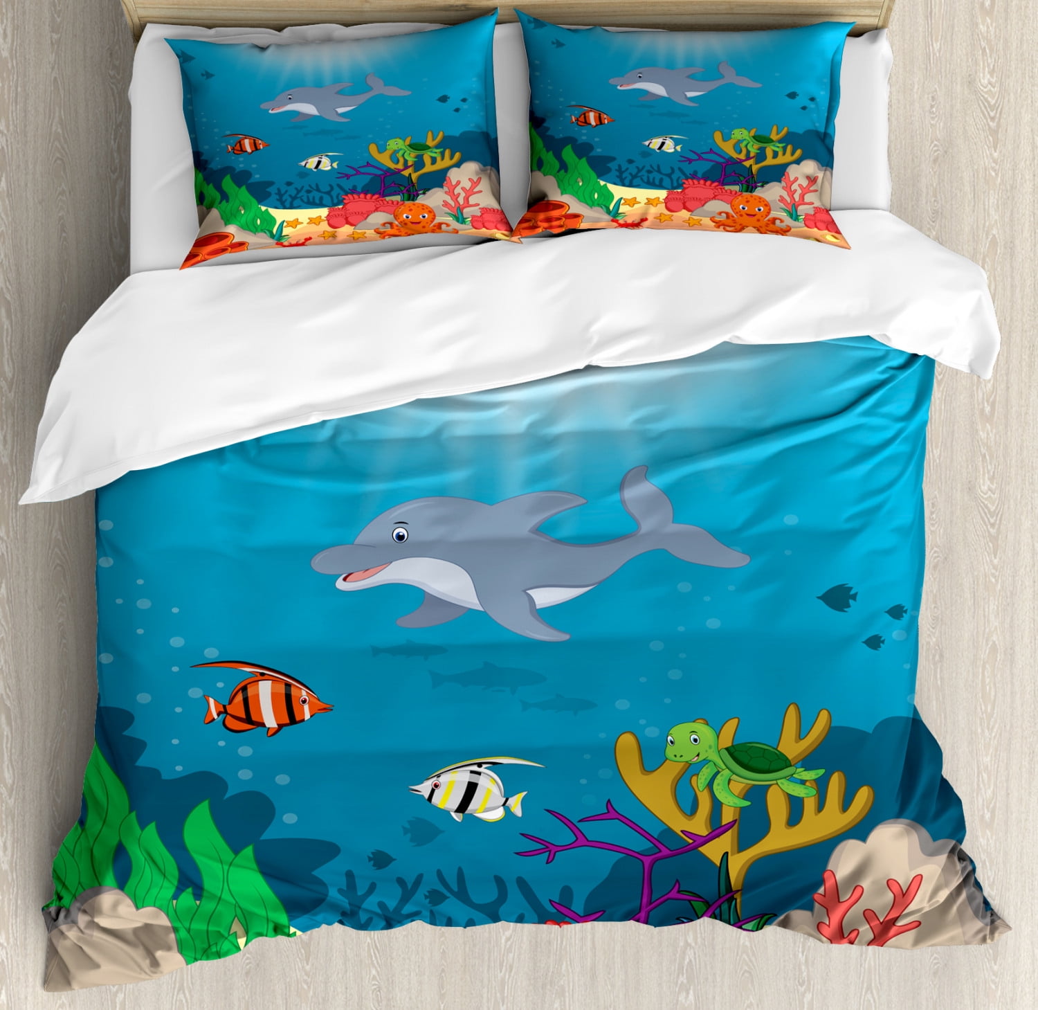 Deep Sea Duvet Cover Set, Colorful Underwater with Happy Ocean