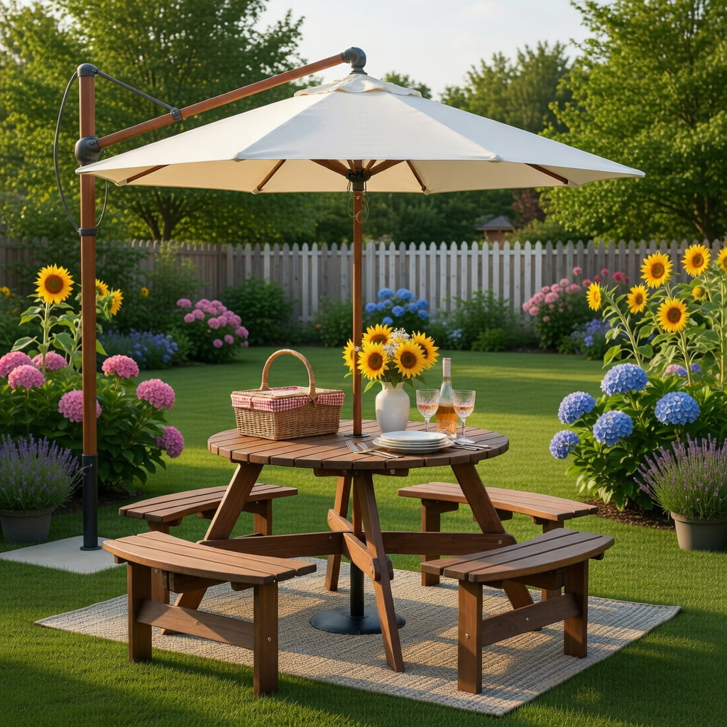 Hommoo 6-Person Wooden Picnic Table Set with Benches & Center Umbrella Hole, Fir Wood Outdoor Dining Set for Patio, Lawn, Deck, Dark Brown