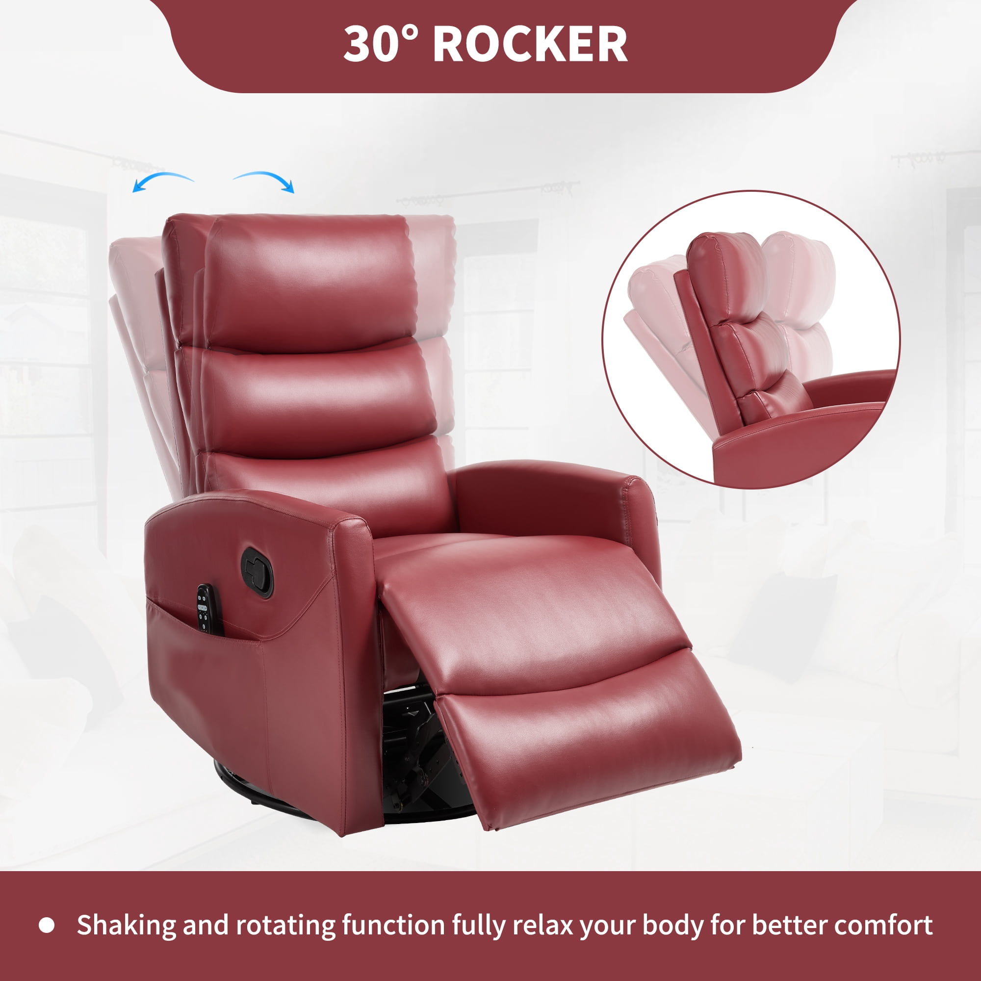 Aukfa 360° Swivel Recliner Rocking Chair with Massage and Heat for Living Room & Nursery, Leather, Red