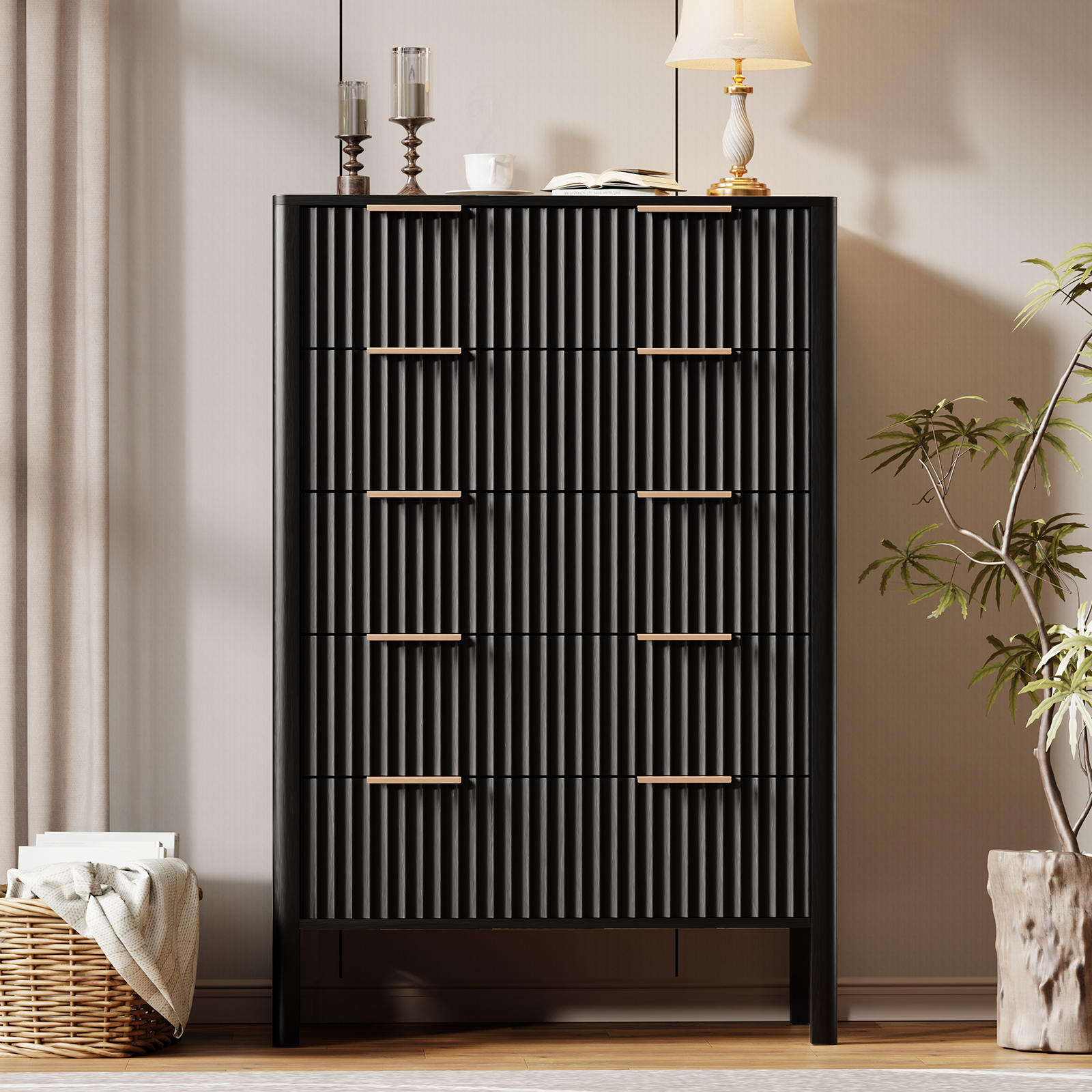 Fluted 5 Drawer Dresser for Bedroom 47" Wide Wooden Dresser TV Stand Modern Storage Organizer for Living Room, Hallway, Black