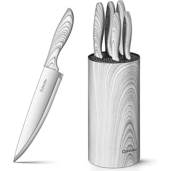 D.Perlla Knife Set, 6 Pieces Stainless Steel Cutlery Knife Set with Detachable Round Knife Block, Chef Knife, Bread Knife, Paring Knife, Cooking Knife, White