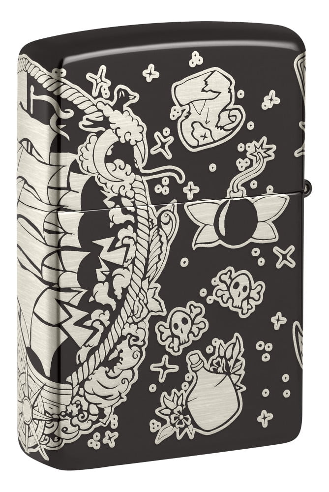 Zippo Laser 360° Pirates Treasure Design High Polish Black Pocket Lighter