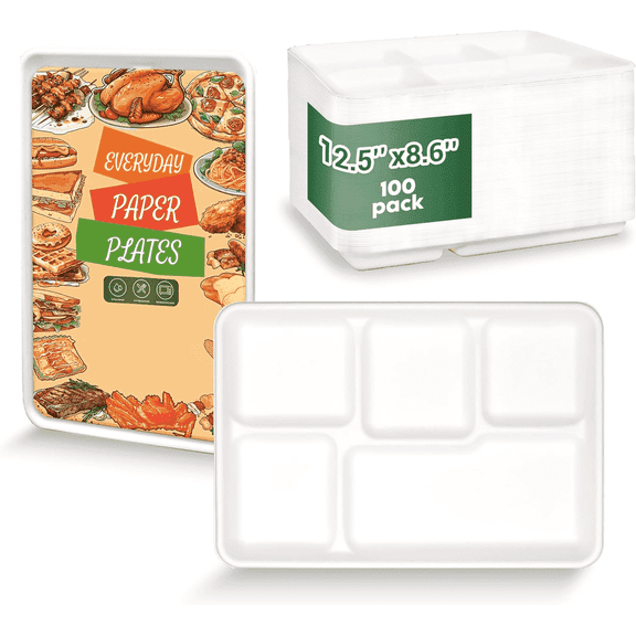ZOES HOMEWARE Disposable Paper Plates, 100 Count 12.5" X 8.6" Heavy Duty Disposable Divided Plates, Biodegradable Sugarcane Bagasse School Lunch Trays for Party, Buffet