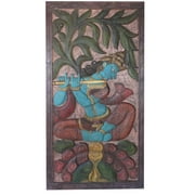 Mogul Indian Antique Vintage Krishna Fluting Under Kadambari Wish Tree Wall Sculpture Barn Door Panel