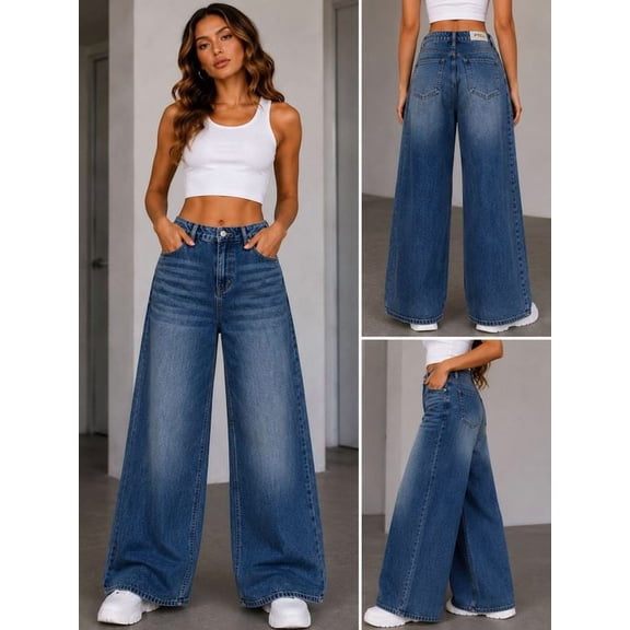 PTCL Women’s Medium Wash Wide Leg Jeans High Rise Relaxed Baggy Denim