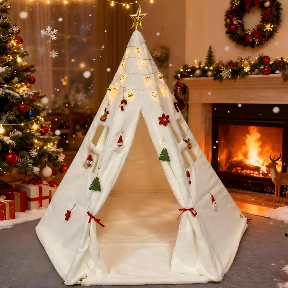 Teepee Tent - Plushy Play Tent, Playhouse Christmas-Themed with Plush Ornaments & Lights, Sturdy Frame, Christmas Decorations Indoor Decorative Tent