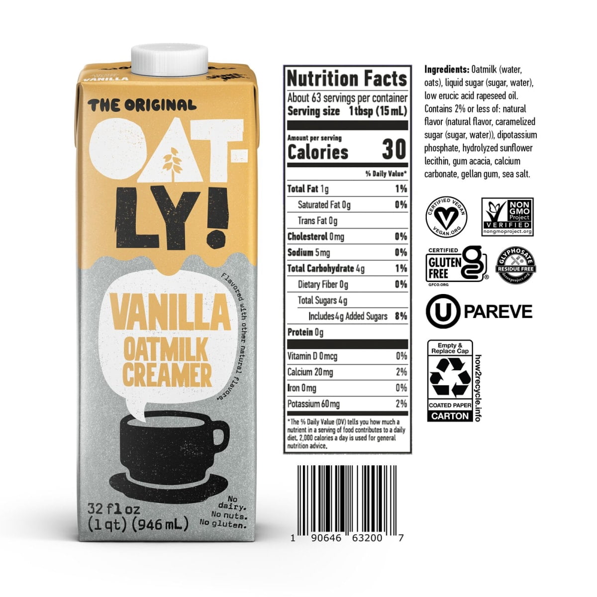 Oatly Vanilla Oatmilk Creamer, Dairy-Free Coffee Creamer, 32 fl oz Refrigerated Carton