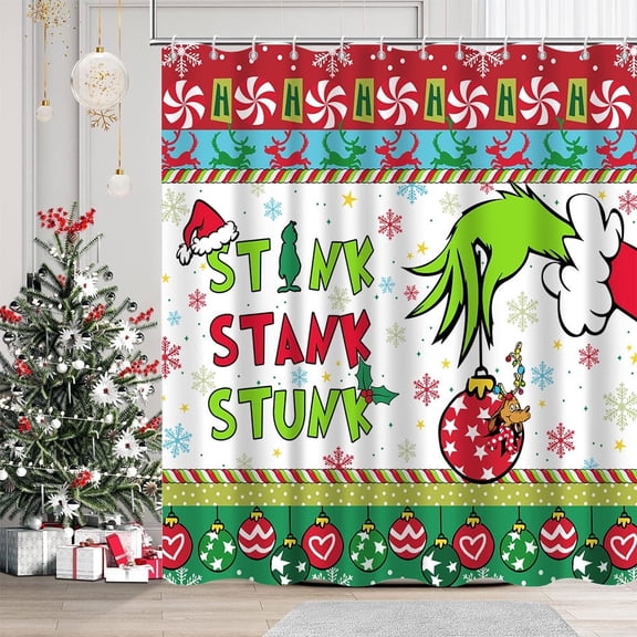 Funny Green Monster Hand Christmas Shower Curtain Set Holiday Bathroom Decor for Xmas Bells Tree Snowflakes Holiday Bath Curtain