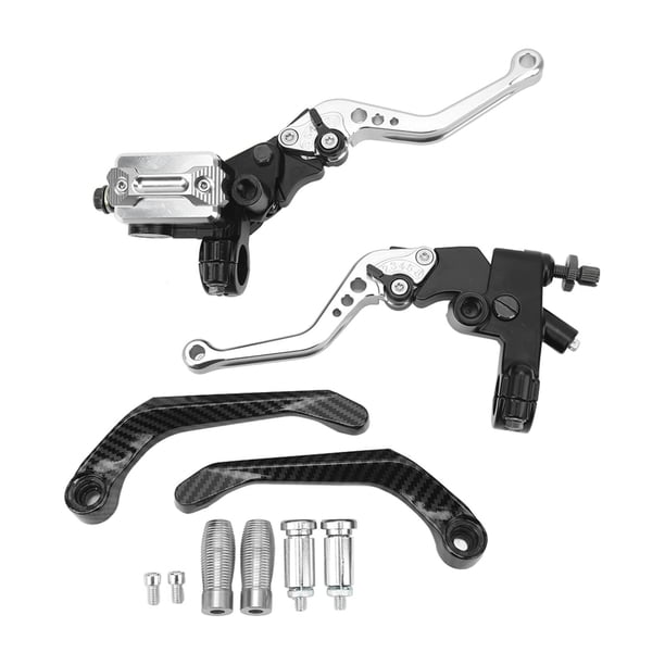 1 par de palancas de cilindro maestro de freno de 7/8 pulgadas, kit universal para manillar de motocicleta con depósito y protector de mano de fibra de carbono plateado