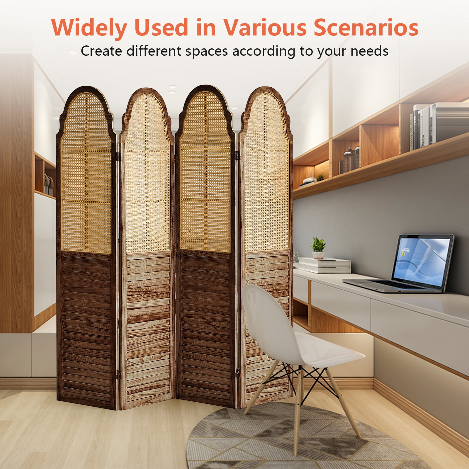 Aletheiawu 4 Panel Rattan Room Divider, Foldable Privacy Screen, No Installation Require, Dark Brown