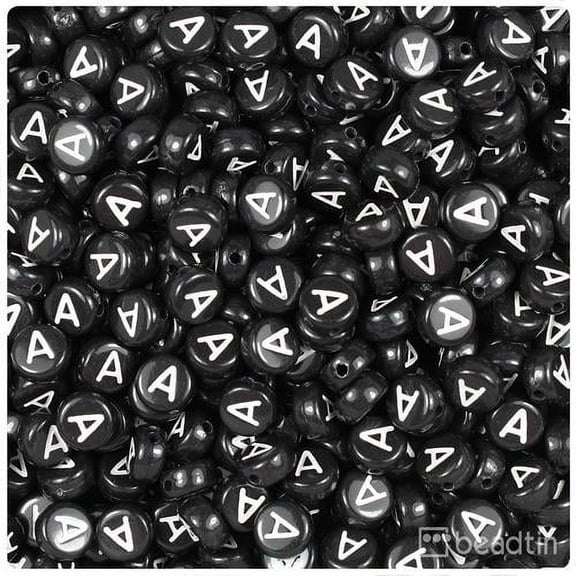 BeadTin Black Opaque 7mm Coin Alpha Beads - White Letter A (100pcs)