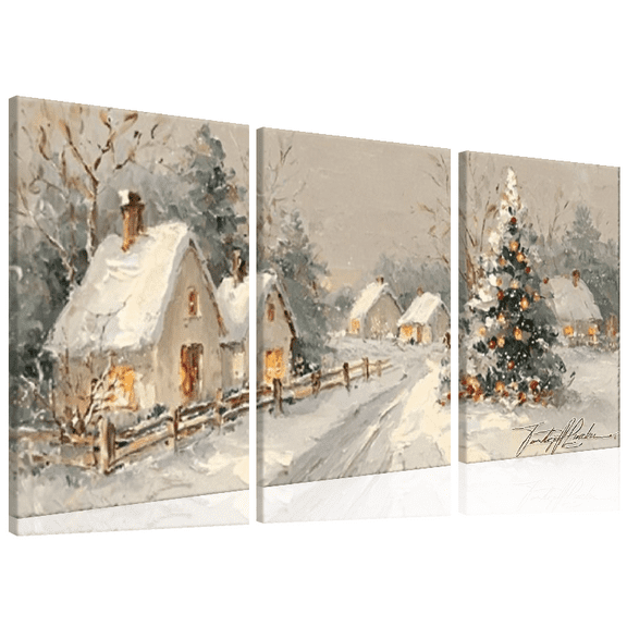 Christmas Village Snow Scene Canvas Prints, Cozy Winter Landscape, Rustic Cottage Holiday Decor For Bedroom And Kitchen, Framed And Ready To Hang (PineWoodFramed-Thickness) 12*16inch*3pcs