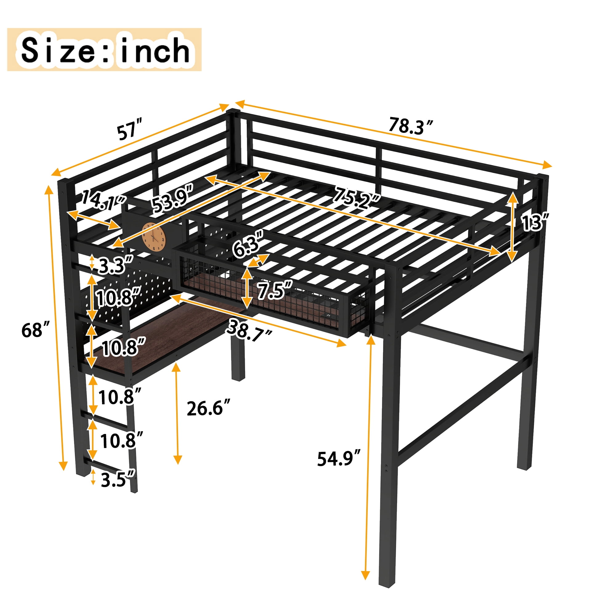 Leumius Full Size Loft Bed with Desk,Metal Loft Bed Frame with Charging Port,Clock and Storage Basket,Black