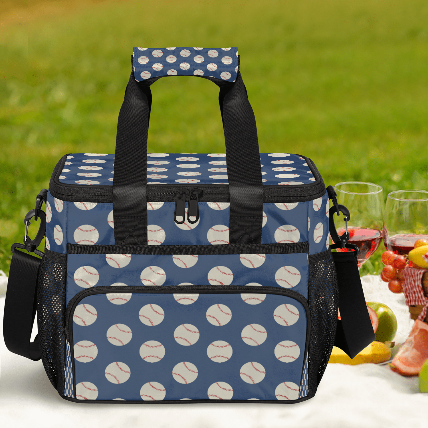 Herdesigns Baseball Navy Blue Insulated Large Lunch Bag Lunchbox Reusable Leakproof Cooler Bags with Shoulder Strap for Adult Men Women Work Picnic