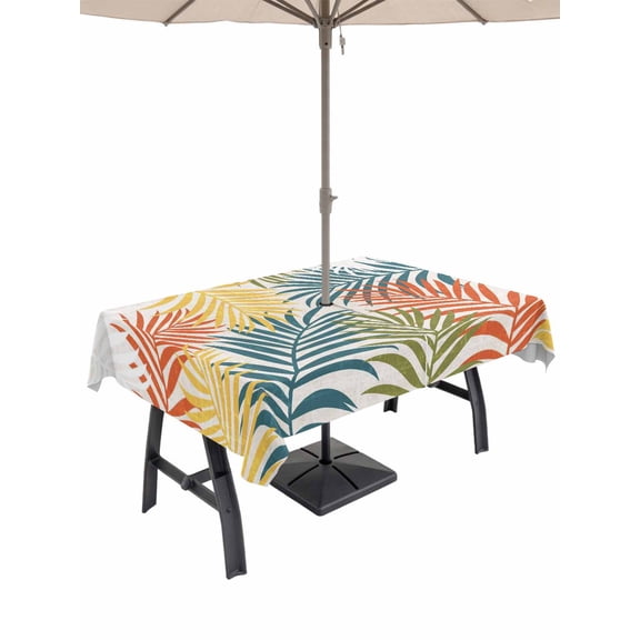 Outdoor Tablecloth with Umbrella Hole & Zipper, Orange Green Yellow Palm Leaves Rectangle Tablecloth 52x70 Inch, Summer Botanical Tropical Leaf Patio Table Cover Waterproof Table Cloth for Picnic