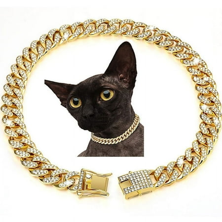 Creative Pet Dog Collar Cat Cuban Chain Diamond Walking Metal Chain Collar with Design Secure Buckle Jewelry Accessories Pet Chain  Gold  12 Inch