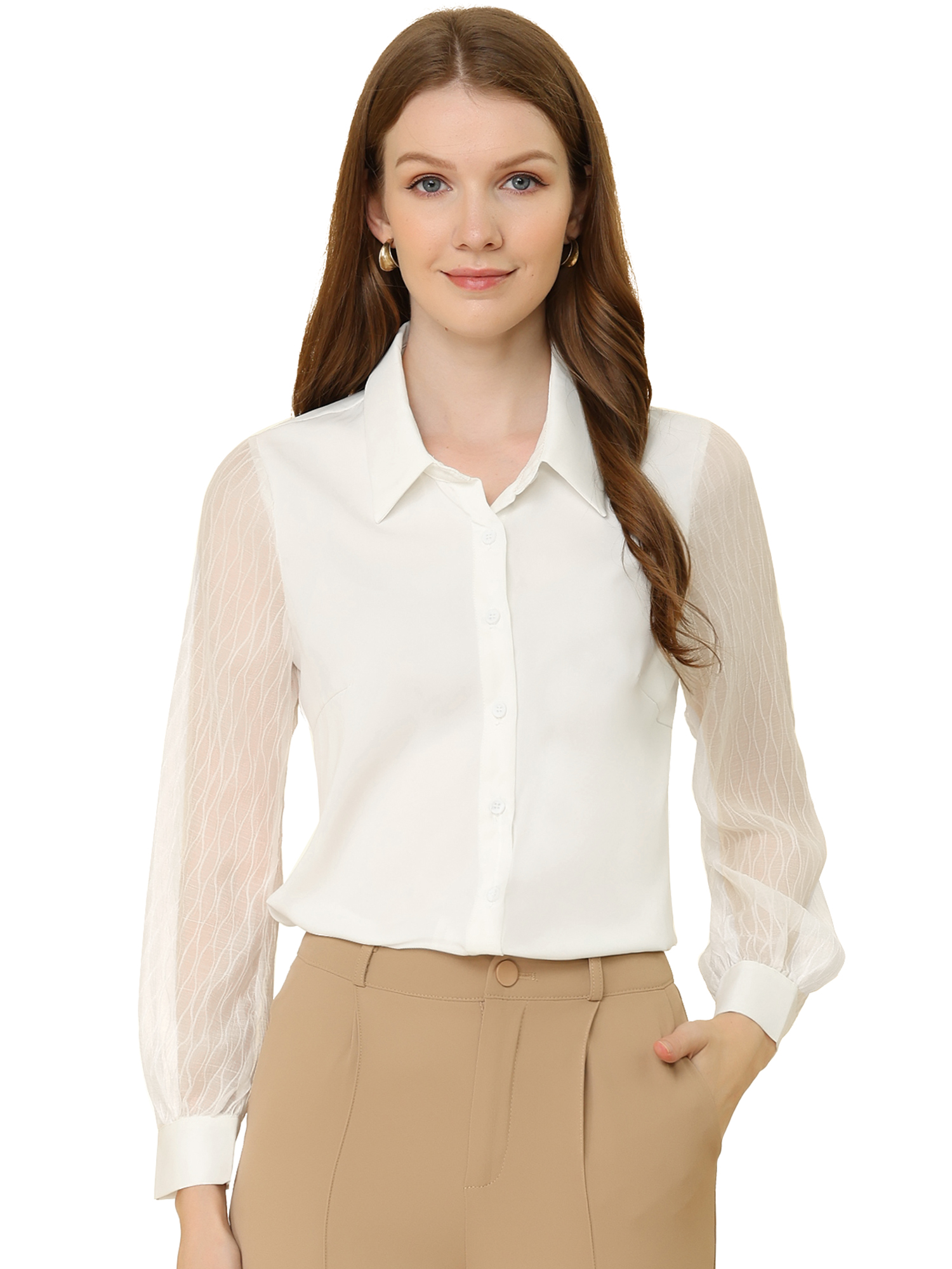 Chiffon Textured Sheer Sleeve Button 